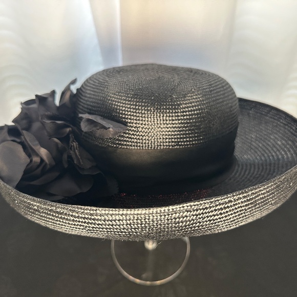 VINTAGE Louise Green Santa Monica, CA Black Straw Hat w/ Silk Ribbon & Flowers main image 4